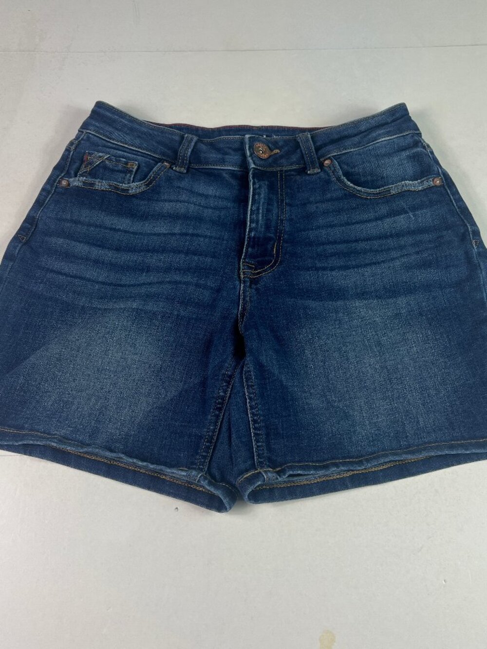 Edgely Jean Shorts Women 29* High Rise Dark Blue Faded Stretch Denim Jorts Tag 8
